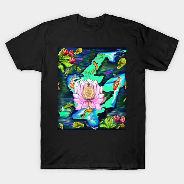 Best fishing gifts for fish lovers 2022. Koi fish swimming in a koi pond with frogs and water lilies T-Shirt by Artonmytee